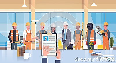 Hr Manager Hand Hold Cv Resume Of Construction Worker Over Group Of Builders Choose Candidate For Vacancy Job Position Vector Illustration