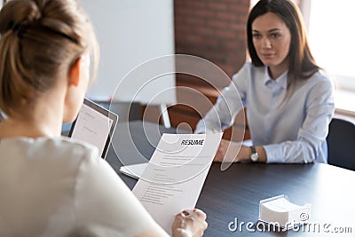 HR mangers hiring millennial female job candidate Stock Photo