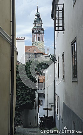 The Hradek of Cesky Krumlov is the round painted tower of the town Castle and the symbol of the town itself. Cesky Krumlov is one Stock Photo