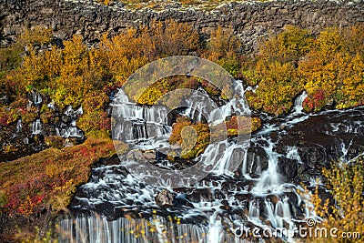 Hraunfossar waterfall in Iceland. Autumn Stock Photo
