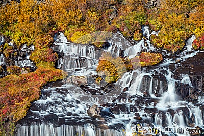 Hraunfossar waterfall in Iceland. Autumn Stock Photo