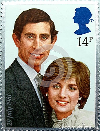 HRH Prince of Wales Prince Charles and Princess Diana commemorative stamp 1981 UK Royal Family Editorial Stock Photo