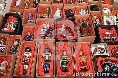 Ð¡hristmas decorative figurine glass balls for sale at the handicraft market Stock Photo