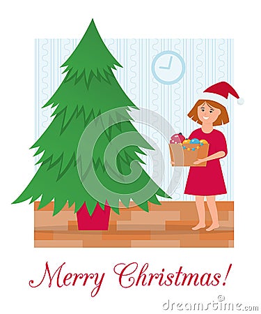 Ð¡hristmas tree without decorations and girl with box of Christmas balls and garland. Vector Illustration