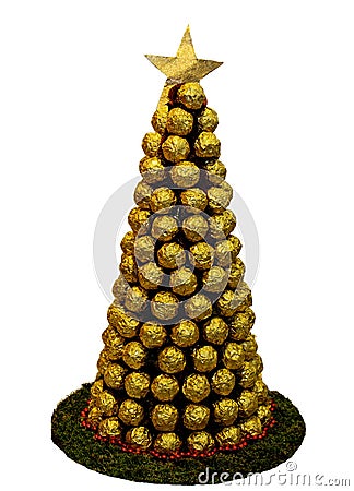 Ð¡hristmas tree of golden chocolates on white background Stock Photo