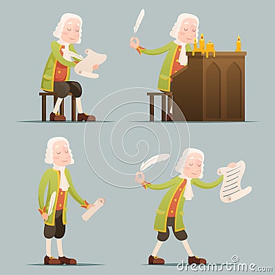 Hronicler noble writer scribe playwright medieval aristocrat periwig pen music stand scroll candles mascot icons set Vector Illustration