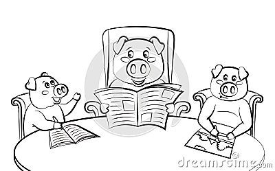 Family of pigs at the table, dad reads the newspaper, children write and draw. Stock Photo