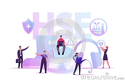 HSE Concept. Tiny Male and Female Characters and Attributes for Working. Environmental Protection and Health Safety Vector Illustration