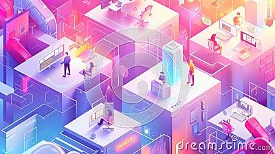 The HSE is an isometric landing page featuring business people working in an office. The banner is a 3d line art modern Cartoon Illustration