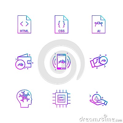 html , css , ai , wallet, mobile ,crypto currency , money , ic, Vector Illustration