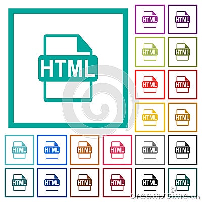 HTML file format flat color icons with quadrant frames Stock Photo
