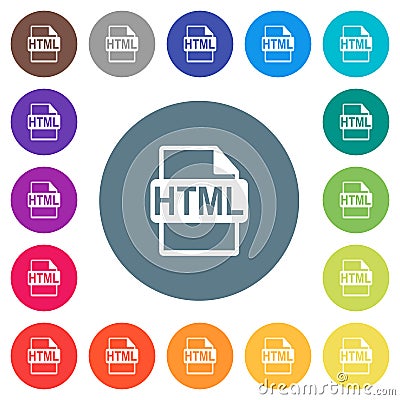 HTML file format flat white icons on round color backgrounds Stock Photo