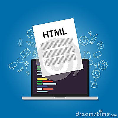 HTML Hyper Text Markup Language web programming coding screen laptop technology website design front site layout Vector Illustration