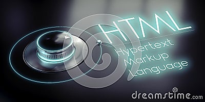 HTML, Hypertext Markup Language - rotary knob and glowing word Cartoon Illustration