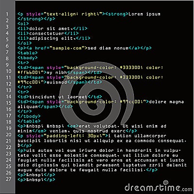 HTML Simple Code Vector. Colorful Abstract Program Tags In Developer View. Screen Of Colored Lighted Syntax Of Source Code Script. Vector Illustration