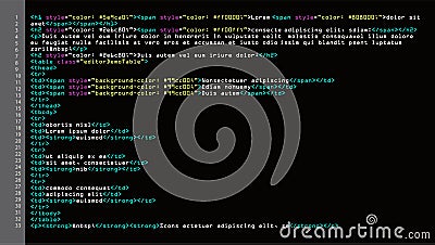 HTML Simple Code Vector. Colorful Abstract Program Tags In Developer View. Screen Of Colored Lighted Syntax Of Source Code Script. Vector Illustration