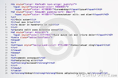 HTML Simple Code Vector. Colorful Abstract Program Tags In Developer View. Screen Of Colored Lighted Syntax Of Source Code Script. Vector Illustration