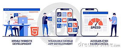 HTML5 website development, wearable mobile app, accelerated mobile pages concept with tiny people. Software and frontend Cartoon Illustration