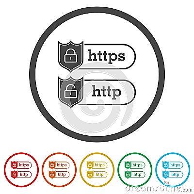 HTTP and HTTPS protocols on shield. Set icons in color circle buttons Vector Illustration