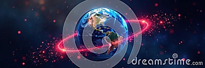 HTTP protocol symbolized by a globe, data packets orbiting earth , orbit, internet, wireless Cartoon Illustration