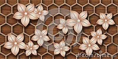 Wooden beige Floral stylish modern mural wallpaper.ceramic wall tile design illustration Cartoon Illustration