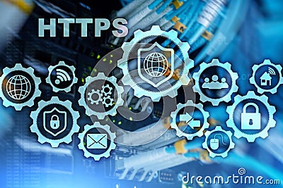 HTTPS. Hypertext Transport Protocol Secure. Technology Concept on Server Room Background. Virtual Icon for network Stock Photo
