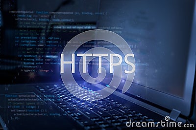 HTTPS inscription against laptop and code background. Internet security concept Stock Photo