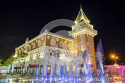 Huahin,Thailand - Apr 19 2015 : The venezia building mock and fountain colorful landmark tourist attraction at night Editorial Stock Photo