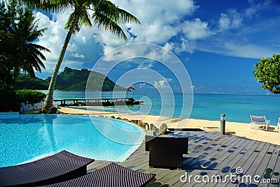 Huahine Beach and Pool Stock Photo