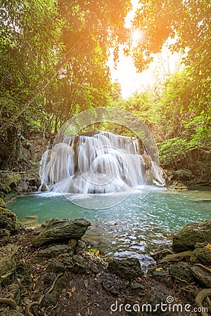Huai Mae Khamin Waterfall tier 3, Khuean Srinagarindra National Park, Kanchanaburi, Thailand Stock Photo