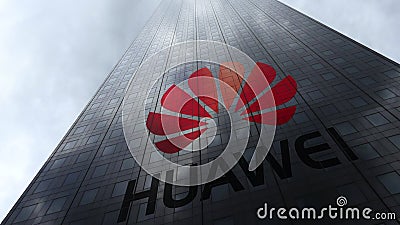 Huawei logo on a skyscraper facade reflecting clouds. Editorial 3D rendering Editorial Stock Photo