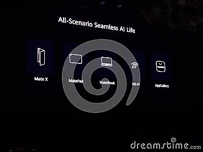 Barcelona, Spain - 24. February 2020: HUAWEI released All-Scenario Seamless AI Life ecosystem at Mobile World Congress MWC 2020 Editorial Stock Photo