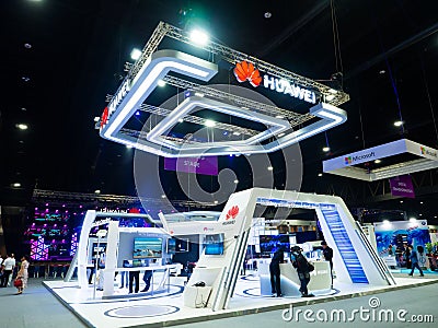 Huawei Technologies Co., Ltd. is a Chinese multinational networking, telecommunications equipment at company Exhibition booth. Editorial Stock Photo