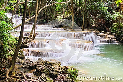 Huay Mae Kamin or Huai Mae Khamin Waterfall at Khuean Srinagarindra National Park or Srinagarind Dam National Park in Kanchanaburi Stock Photo
