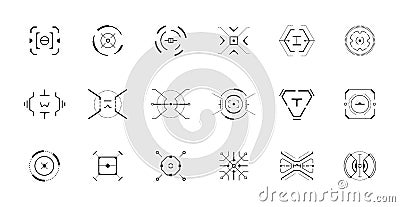 HUD aim control target system set. GUI and FUI interface. Futuristic military optical aiming collection. GUI digital Vector Illustration