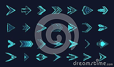 Hud arrows. Hologram sci-fi arrow or futuristic light triangle pointers, digital directional movement cursor neon Vector Illustration