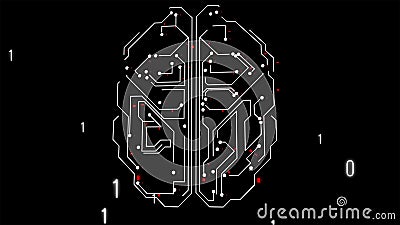 HUD brain data. Futuristic digital frame of the brain structure with red impuses inside and numbers blowing. Stock Photo