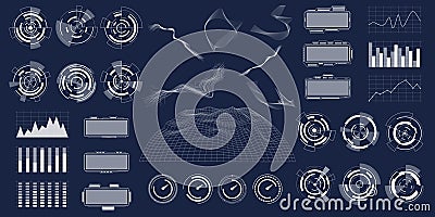 HUD. Cyberpunk interface elements set. Techno, futuristic and scifi digital game. Box border with chart and dashboard. Circle or Vector Illustration