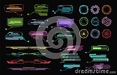 Hud elements. Futuristic callout bar, modern digital info boxes layout. Call bars gadget game app interface vector Vector Illustration
