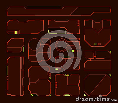 Hud elements. Futuristic frames and borders technologic panels shapes tech symbols garish vector hud set isolated Vector Illustration