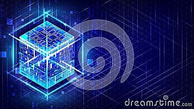 HUD energy box. Smart code. Big data. Digital chip. Glare grid lines. Glow 3D cubes. CPU core. Abstract grid background. Computer Vector Illustration
