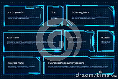 HUD game element. Futuristic tech screen template with text messages, warning technology frame. Vector attention Vector Illustration