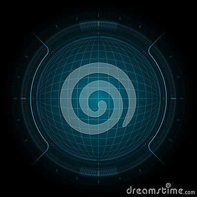 HUD global radar sphere grid and degree indicator dashboard interface display. Stock Photo