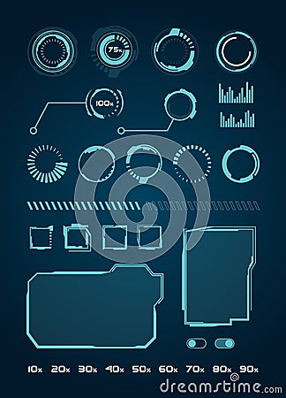 HUD Interface Elements Set, Circles, Loading, Frames for Web Applications, Futuristic UI - Illustration Vecto Vector Illustration