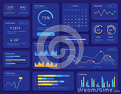 Hud interface. Futuristic ui screen with data display, statistic graphs, menu and calendar. Dashboard info panel and element Vector Illustration