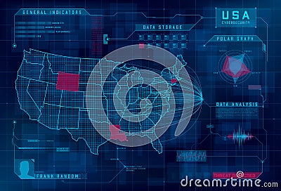 HUD map of the USA. Set of HUD callout design elements. Cyberattack, system under threat, DDoS attack. Cybersecurity Vector Illustration