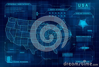 HUD map of the USA. Set of HUD callout design elements. Cybersecurity, information security, big data analytics, safety Vector Illustration