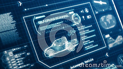 HUD self-driving vehicle pickup truck car specification scanning test user interface on computer screen pixel display panel Cartoon Illustration
