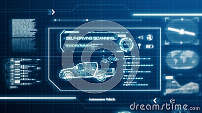 HUD self-driving vehicle pickup truck car specification scanning test user interface on computer screen pixel display panel Cartoon Illustration