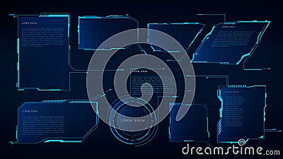 Hud tech title frame, interface. Virtual futuristic callouts grid display blue ui hologram. Vector Illustration